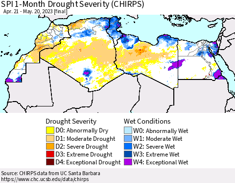 North Africa SPI 1-Month Drought Severity (CHIRPS) Thematic Map For 4/21/2023 - 5/20/2023