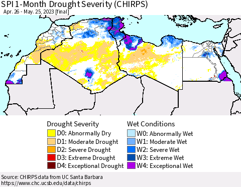 North Africa SPI 1-Month Drought Severity (CHIRPS) Thematic Map For 4/26/2023 - 5/25/2023