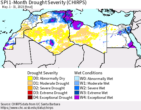 North Africa SPI 1-Month Drought Severity (CHIRPS) Thematic Map For 5/1/2023 - 5/31/2023