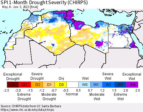 North Africa SPI 1-Month Drought Severity (CHIRPS) Thematic Map For 5/6/2023 - 6/5/2023