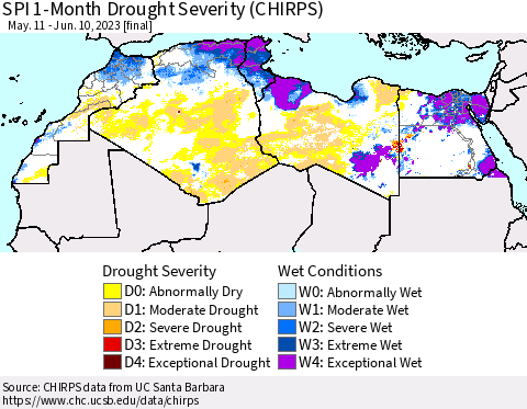 North Africa SPI 1-Month Drought Severity (CHIRPS) Thematic Map For 5/11/2023 - 6/10/2023