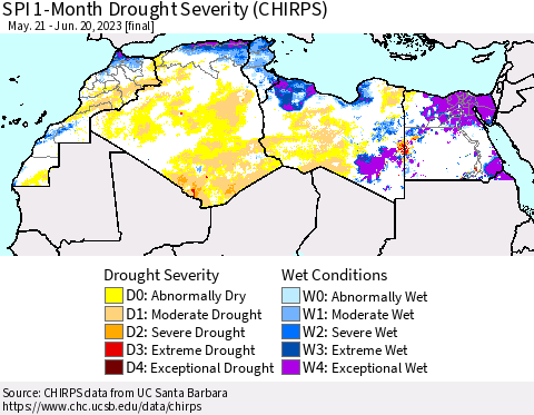 North Africa SPI 1-Month Drought Severity (CHIRPS) Thematic Map For 5/21/2023 - 6/20/2023