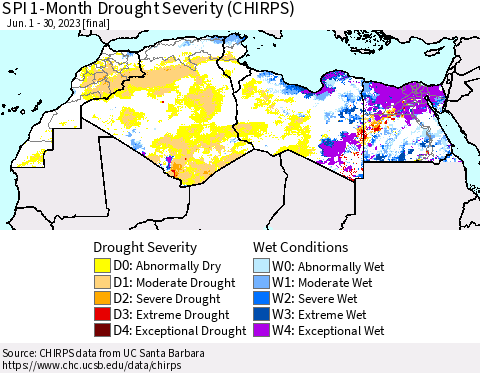 North Africa SPI 1-Month Drought Severity (CHIRPS) Thematic Map For 6/1/2023 - 6/30/2023