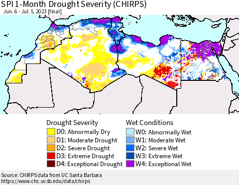 North Africa SPI 1-Month Drought Severity (CHIRPS) Thematic Map For 6/6/2023 - 7/5/2023