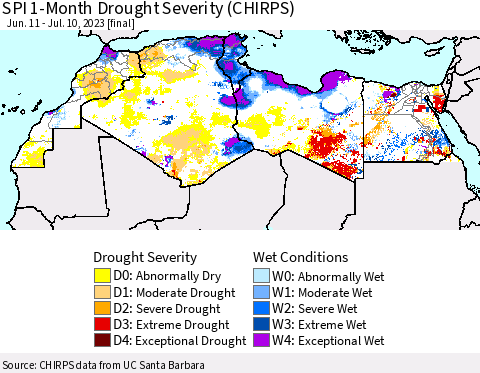 North Africa SPI 1-Month Drought Severity (CHIRPS) Thematic Map For 6/11/2023 - 7/10/2023