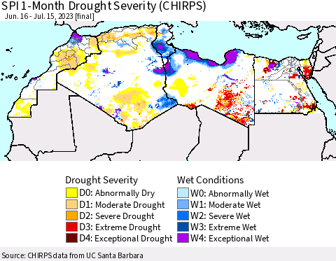 North Africa SPI 1-Month Drought Severity (CHIRPS) Thematic Map For 6/16/2023 - 7/15/2023