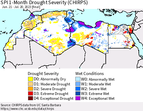 North Africa SPI 1-Month Drought Severity (CHIRPS) Thematic Map For 6/21/2023 - 7/20/2023