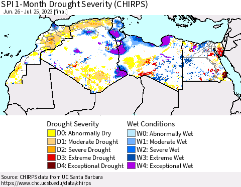 North Africa SPI 1-Month Drought Severity (CHIRPS) Thematic Map For 6/26/2023 - 7/25/2023
