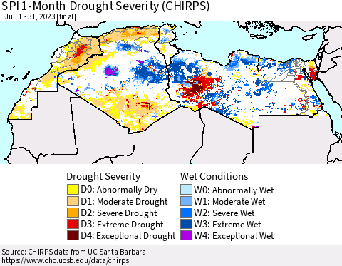 North Africa SPI 1-Month Drought Severity (CHIRPS) Thematic Map For 7/1/2023 - 7/31/2023