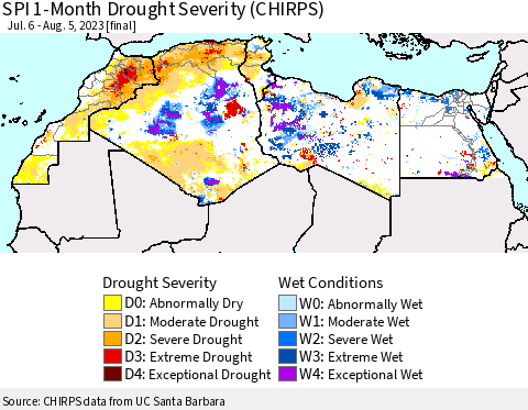 North Africa SPI 1-Month Drought Severity (CHIRPS) Thematic Map For 7/6/2023 - 8/5/2023