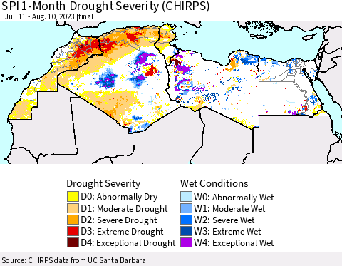 North Africa SPI 1-Month Drought Severity (CHIRPS) Thematic Map For 7/11/2023 - 8/10/2023