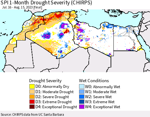North Africa SPI 1-Month Drought Severity (CHIRPS) Thematic Map For 7/16/2023 - 8/15/2023