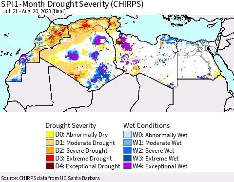 North Africa SPI 1-Month Drought Severity (CHIRPS) Thematic Map For 7/21/2023 - 8/20/2023
