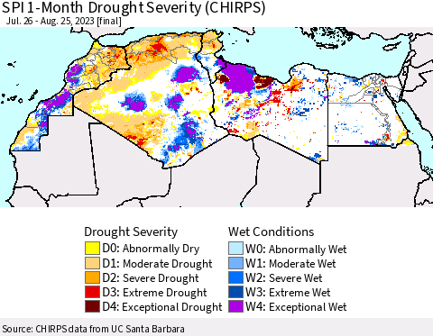 North Africa SPI 1-Month Drought Severity (CHIRPS) Thematic Map For 7/26/2023 - 8/25/2023