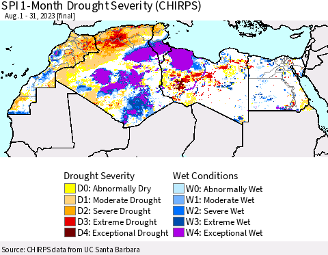 North Africa SPI 1-Month Drought Severity (CHIRPS) Thematic Map For 8/1/2023 - 8/31/2023