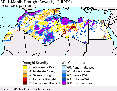 North Africa SPI 1-Month Drought Severity (CHIRPS) Thematic Map For 8/6/2023 - 9/5/2023