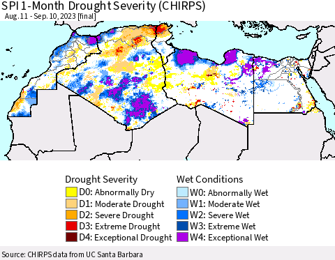 North Africa SPI 1-Month Drought Severity (CHIRPS) Thematic Map For 8/11/2023 - 9/10/2023