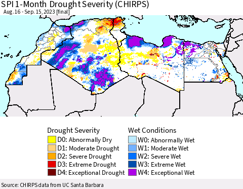 North Africa SPI 1-Month Drought Severity (CHIRPS) Thematic Map For 8/16/2023 - 9/15/2023