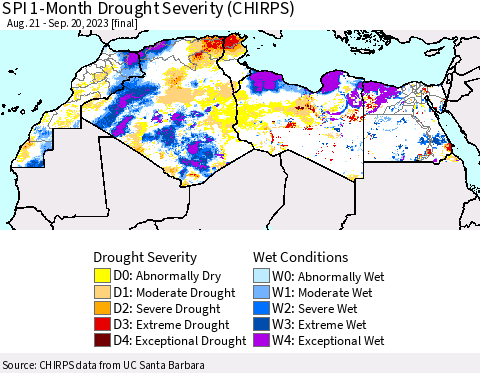 North Africa SPI 1-Month Drought Severity (CHIRPS) Thematic Map For 8/21/2023 - 9/20/2023