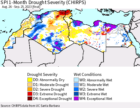 North Africa SPI 1-Month Drought Severity (CHIRPS) Thematic Map For 8/26/2023 - 9/25/2023