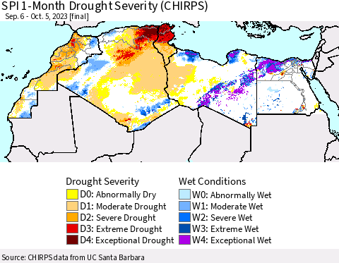 North Africa SPI 1-Month Drought Severity (CHIRPS) Thematic Map For 9/6/2023 - 10/5/2023