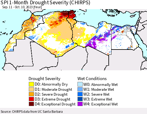 North Africa SPI 1-Month Drought Severity (CHIRPS) Thematic Map For 9/11/2023 - 10/10/2023