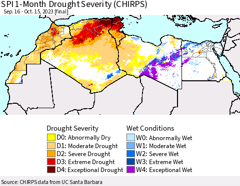 North Africa SPI 1-Month Drought Severity (CHIRPS) Thematic Map For 9/16/2023 - 10/15/2023