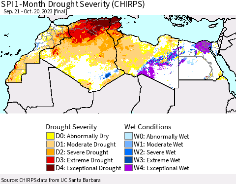 North Africa SPI 1-Month Drought Severity (CHIRPS) Thematic Map For 9/21/2023 - 10/20/2023