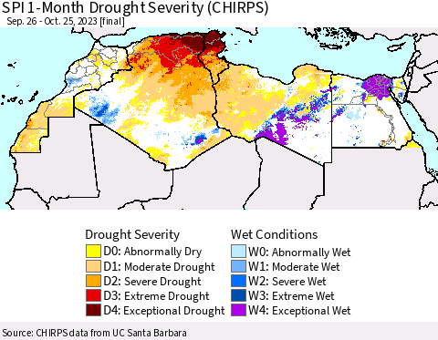 North Africa SPI 1-Month Drought Severity (CHIRPS) Thematic Map For 9/26/2023 - 10/25/2023