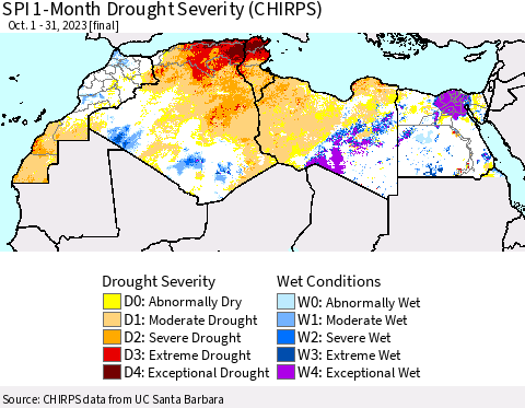 North Africa SPI 1-Month Drought Severity (CHIRPS) Thematic Map For 10/1/2023 - 10/31/2023