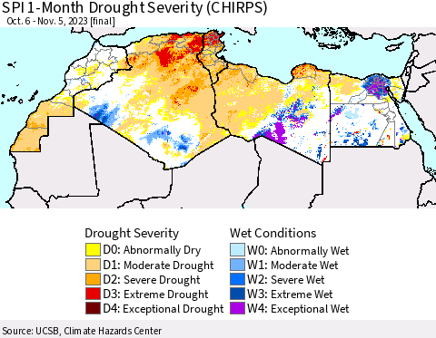 North Africa SPI 1-Month Drought Severity (CHIRPS) Thematic Map For 10/6/2023 - 11/5/2023
