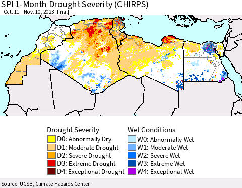 North Africa SPI 1-Month Drought Severity (CHIRPS) Thematic Map For 10/11/2023 - 11/10/2023