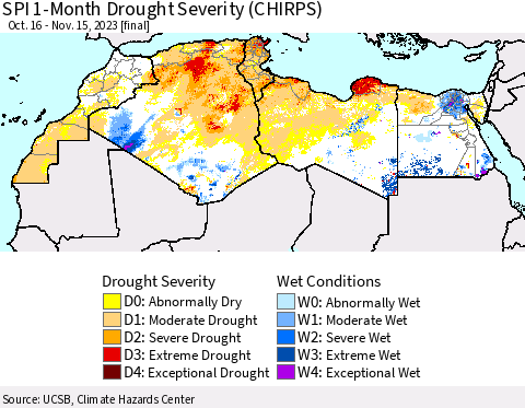 North Africa SPI 1-Month Drought Severity (CHIRPS) Thematic Map For 10/16/2023 - 11/15/2023