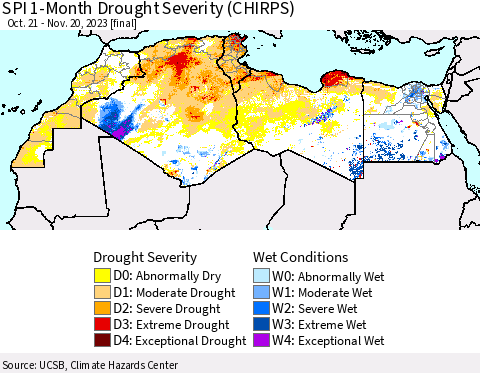 North Africa SPI 1-Month Drought Severity (CHIRPS) Thematic Map For 10/21/2023 - 11/20/2023