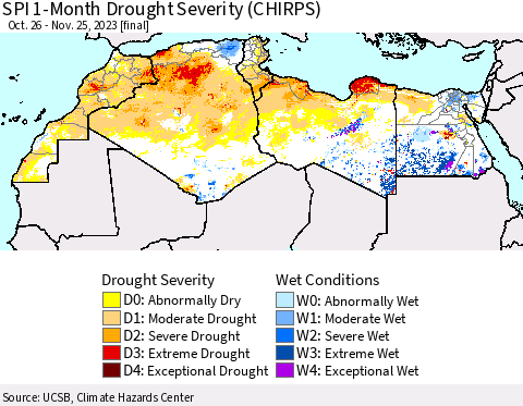 North Africa SPI 1-Month Drought Severity (CHIRPS) Thematic Map For 10/26/2023 - 11/25/2023