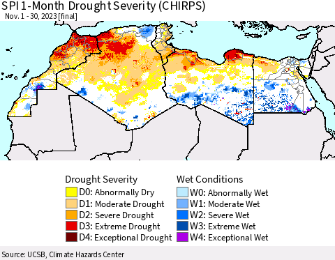 North Africa SPI 1-Month Drought Severity (CHIRPS) Thematic Map For 11/1/2023 - 11/30/2023
