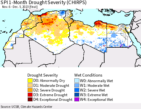North Africa SPI 1-Month Drought Severity (CHIRPS) Thematic Map For 11/6/2023 - 12/5/2023