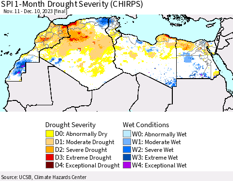 North Africa SPI 1-Month Drought Severity (CHIRPS) Thematic Map For 11/11/2023 - 12/10/2023