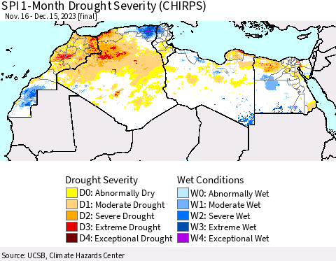 North Africa SPI 1-Month Drought Severity (CHIRPS) Thematic Map For 11/16/2023 - 12/15/2023