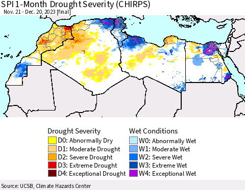 North Africa SPI 1-Month Drought Severity (CHIRPS) Thematic Map For 11/21/2023 - 12/20/2023