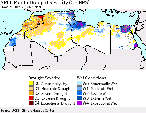 North Africa SPI 1-Month Drought Severity (CHIRPS) Thematic Map For 11/26/2023 - 12/25/2023
