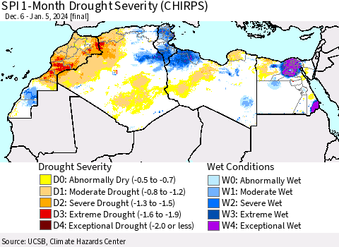 North Africa SPI 1-Month Drought Severity (CHIRPS) Thematic Map For 12/6/2023 - 1/5/2024