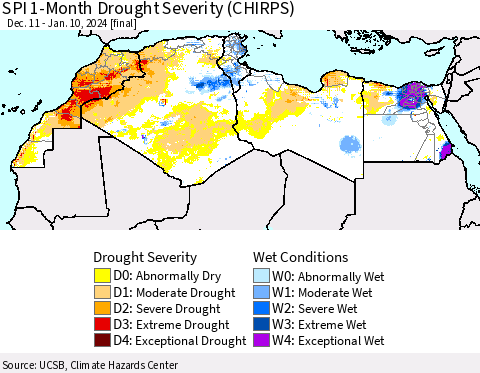 North Africa SPI 1-Month Drought Severity (CHIRPS) Thematic Map For 12/11/2023 - 1/10/2024