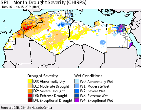North Africa SPI 1-Month Drought Severity (CHIRPS) Thematic Map For 12/16/2023 - 1/15/2024