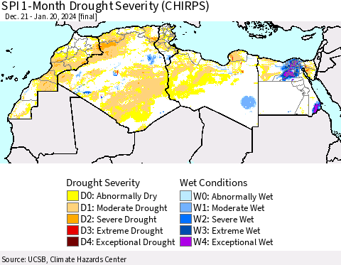 North Africa SPI 1-Month Drought Severity (CHIRPS) Thematic Map For 12/21/2023 - 1/20/2024