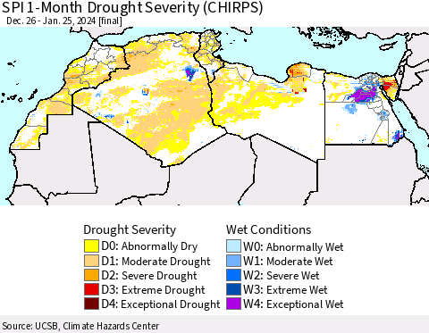 North Africa SPI 1-Month Drought Severity (CHIRPS) Thematic Map For 12/26/2023 - 1/25/2024