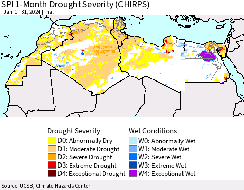 North Africa SPI 1-Month Drought Severity (CHIRPS) Thematic Map For 1/1/2024 - 1/31/2024