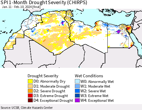 North Africa SPI 1-Month Drought Severity (CHIRPS) Thematic Map For 1/11/2024 - 2/10/2024