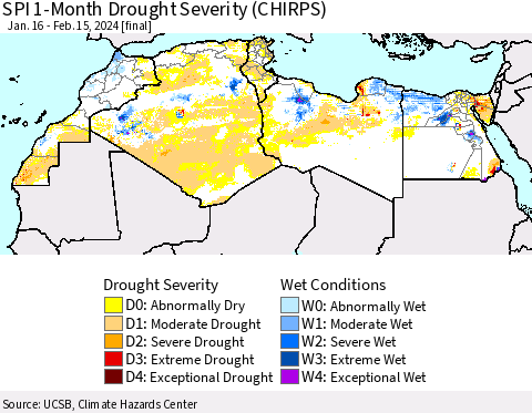 North Africa SPI 1-Month Drought Severity (CHIRPS) Thematic Map For 1/16/2024 - 2/15/2024