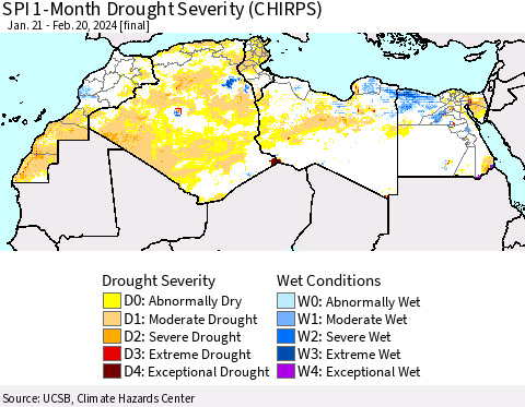 North Africa SPI 1-Month Drought Severity (CHIRPS) Thematic Map For 1/21/2024 - 2/20/2024